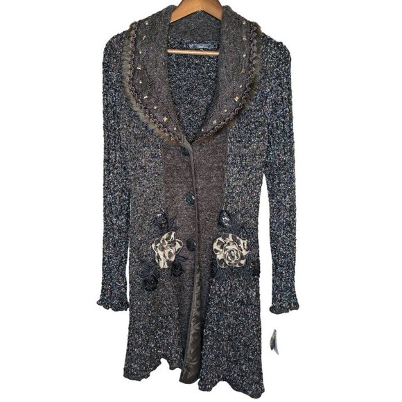 Sioni Boucle Shawl Collar Long Line Cardigan Size M Petite Brown Embroidered - Picture 1 of 13